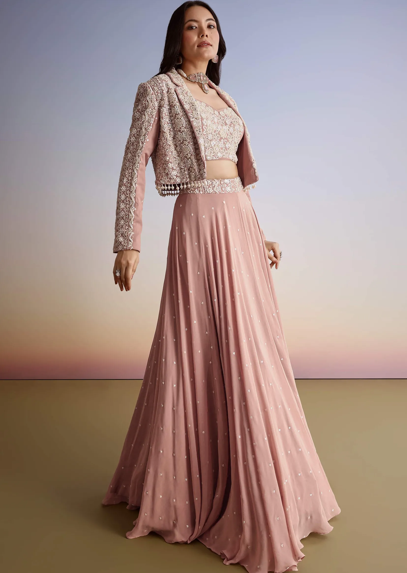 Pink Georgette Moti Resham Work Lehenga Jacket Set
