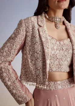 Pink Georgette Moti Resham Work Lehenga Jacket Set