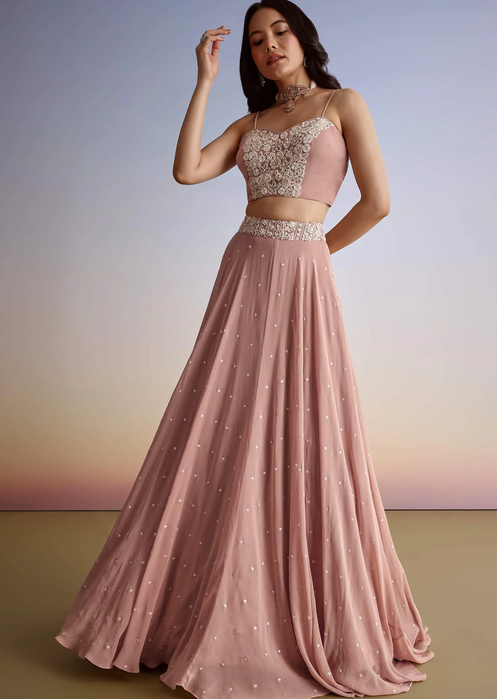 Pink Georgette Moti Resham Work Lehenga Jacket Set