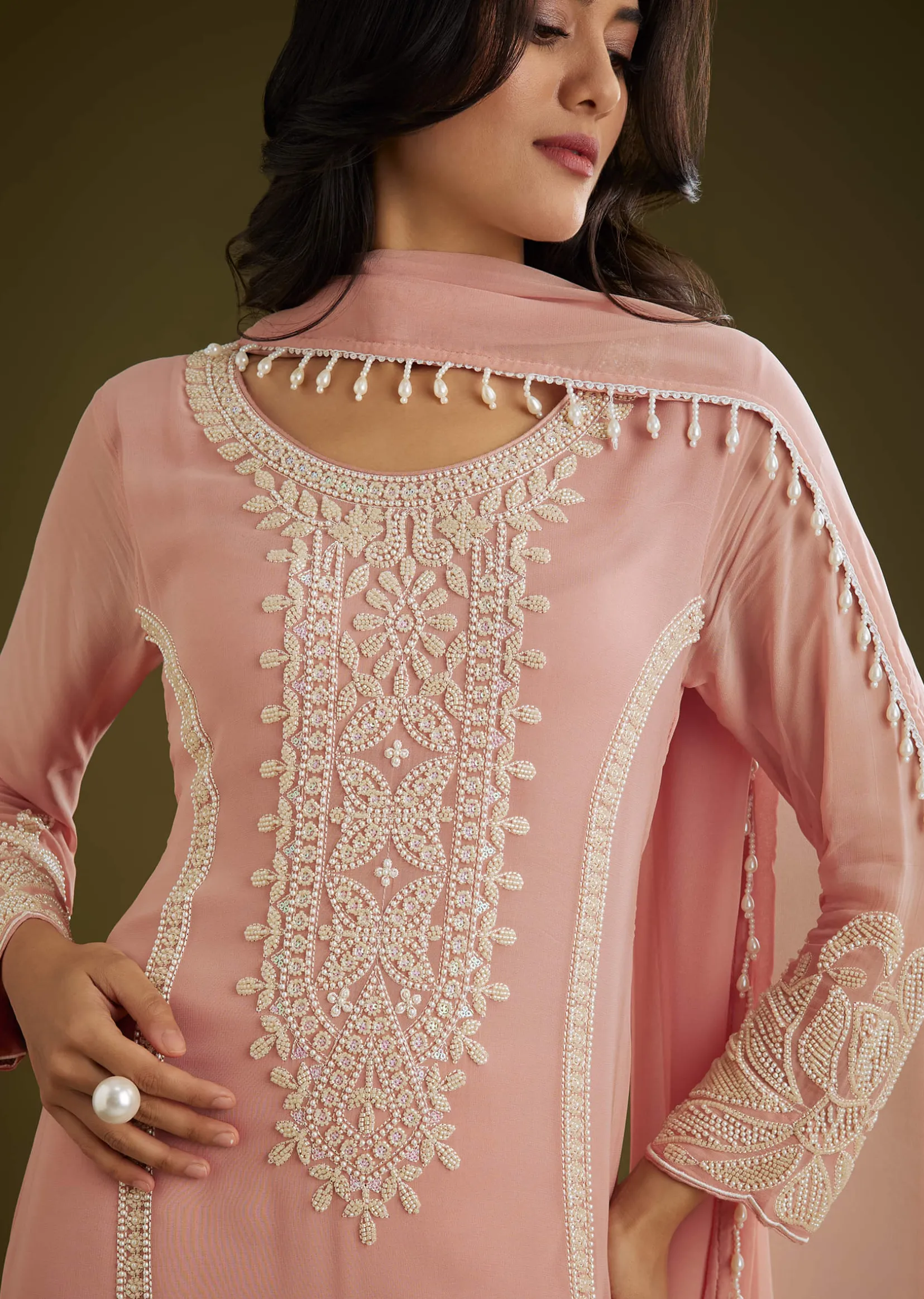 Pink Georgette Moti Work Asymmetrical Kurta Set With Tassels Bordered Dupatta