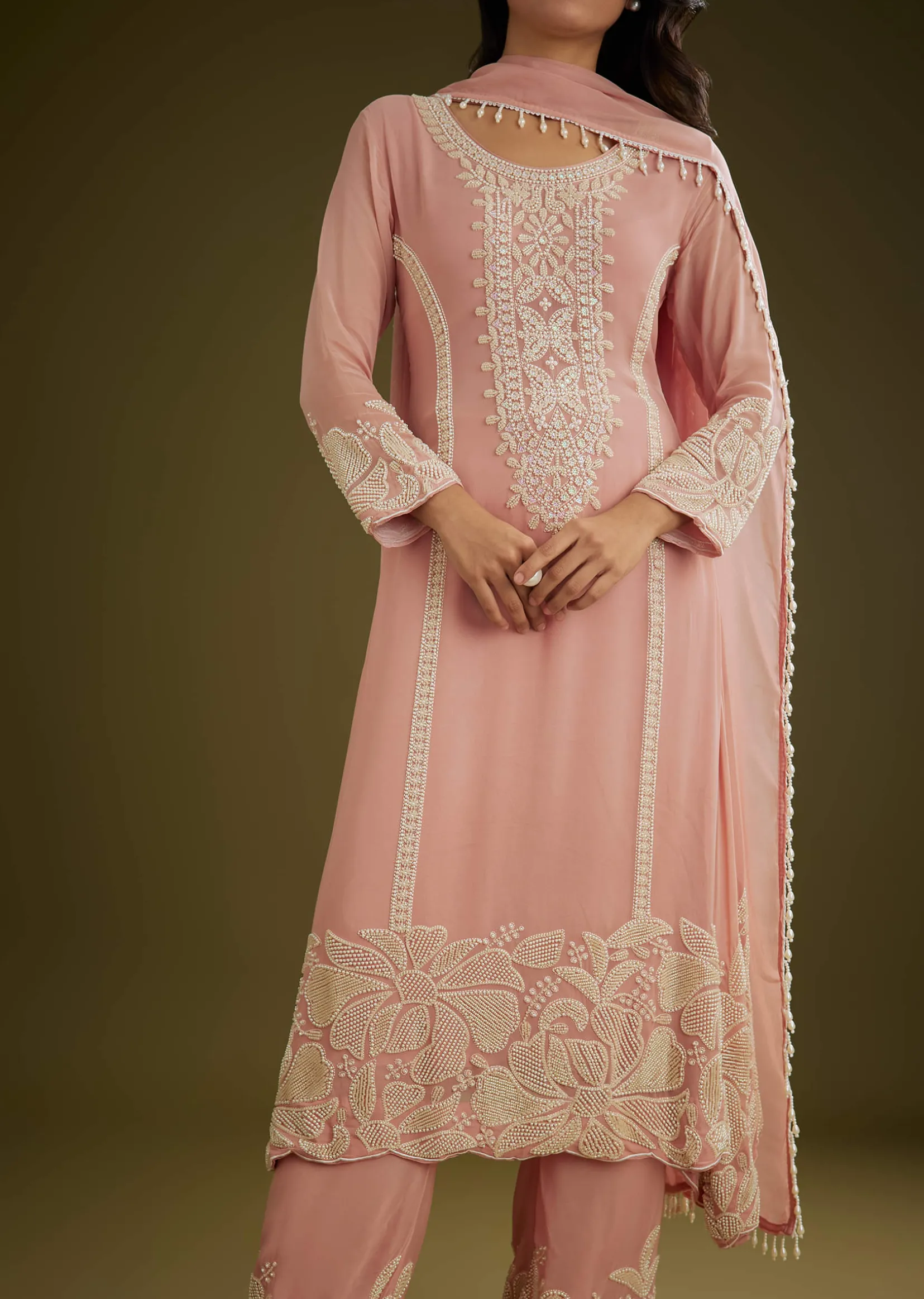 Pink Georgette Moti Work Asymmetrical Kurta Set With Tassels Bordered Dupatta