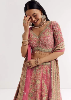Pink Georgette Printed Cutdana Stonework Lehenga With Net Dupatta