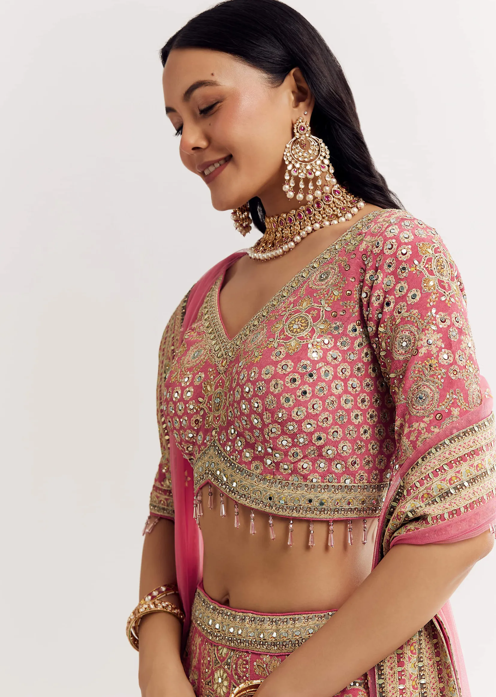 Pink Georgette Printed Cutdana Stonework Lehenga With Net Dupatta