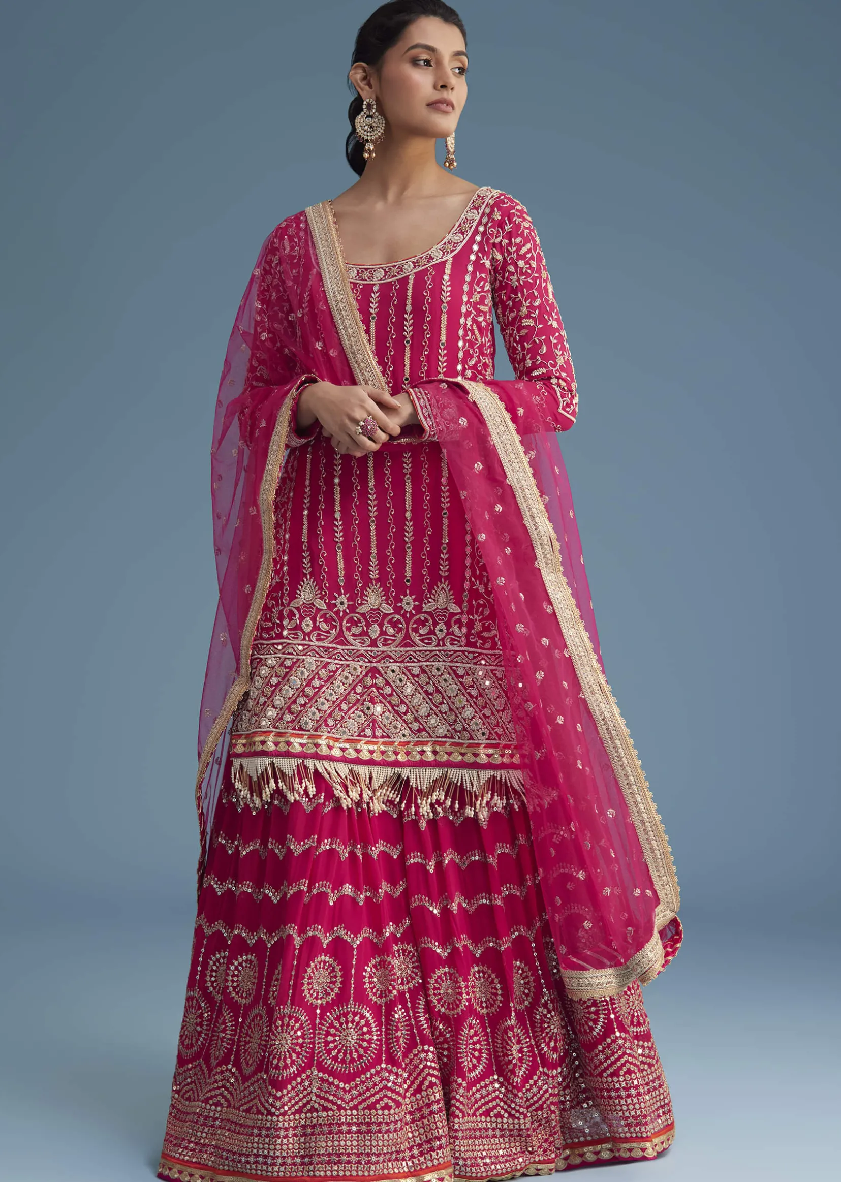 Pink Georgette Sharara Set With Mirror Sequins And Zardosi Work