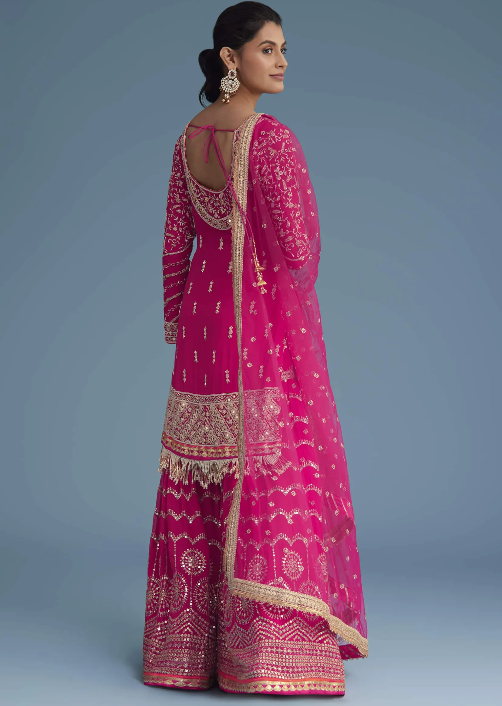 Pink Georgette Sharara Set With Mirror Sequins And Zardosi Work