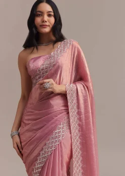 Pink Glass Tissue Saree With Sequins And Moti Embroidered Border