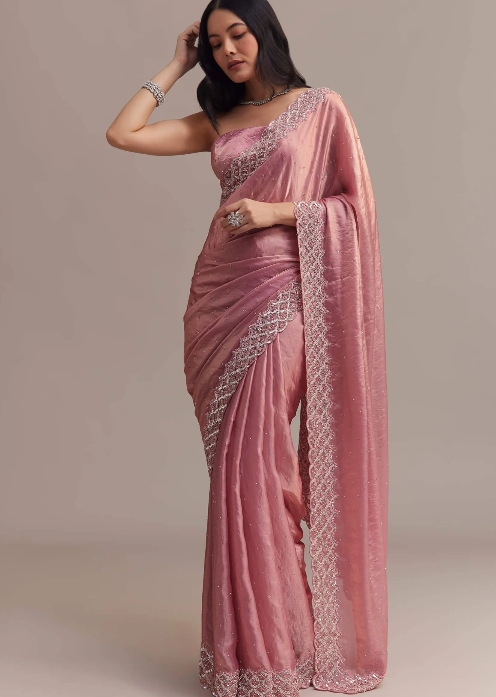 Pink Glass Tissue Saree With Sequins And Moti Embroidered Border