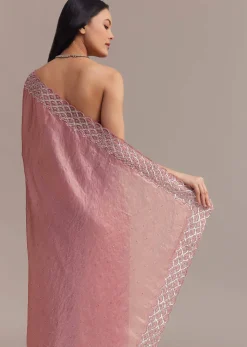 Pink Glass Tissue Saree With Sequins And Moti Embroidered Border