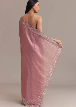 Pink Glass Tissue Saree With Sequins And Moti Embroidered Border