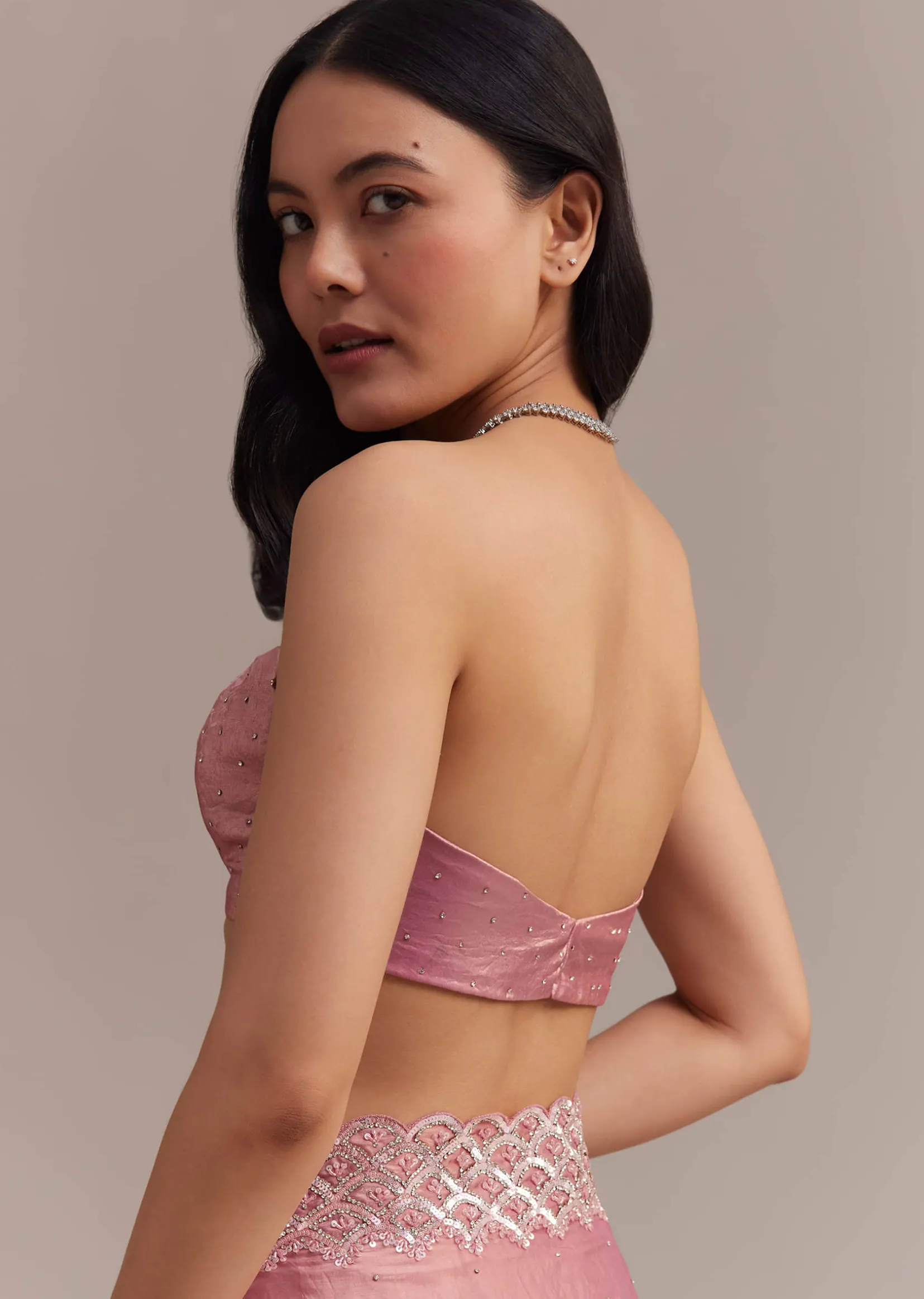 Pink Glass Tissue Saree With Sequins And Moti Embroidered Border
