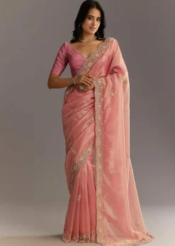 Pink Glass Tissue Sareee With Embroidered Scallop Border
