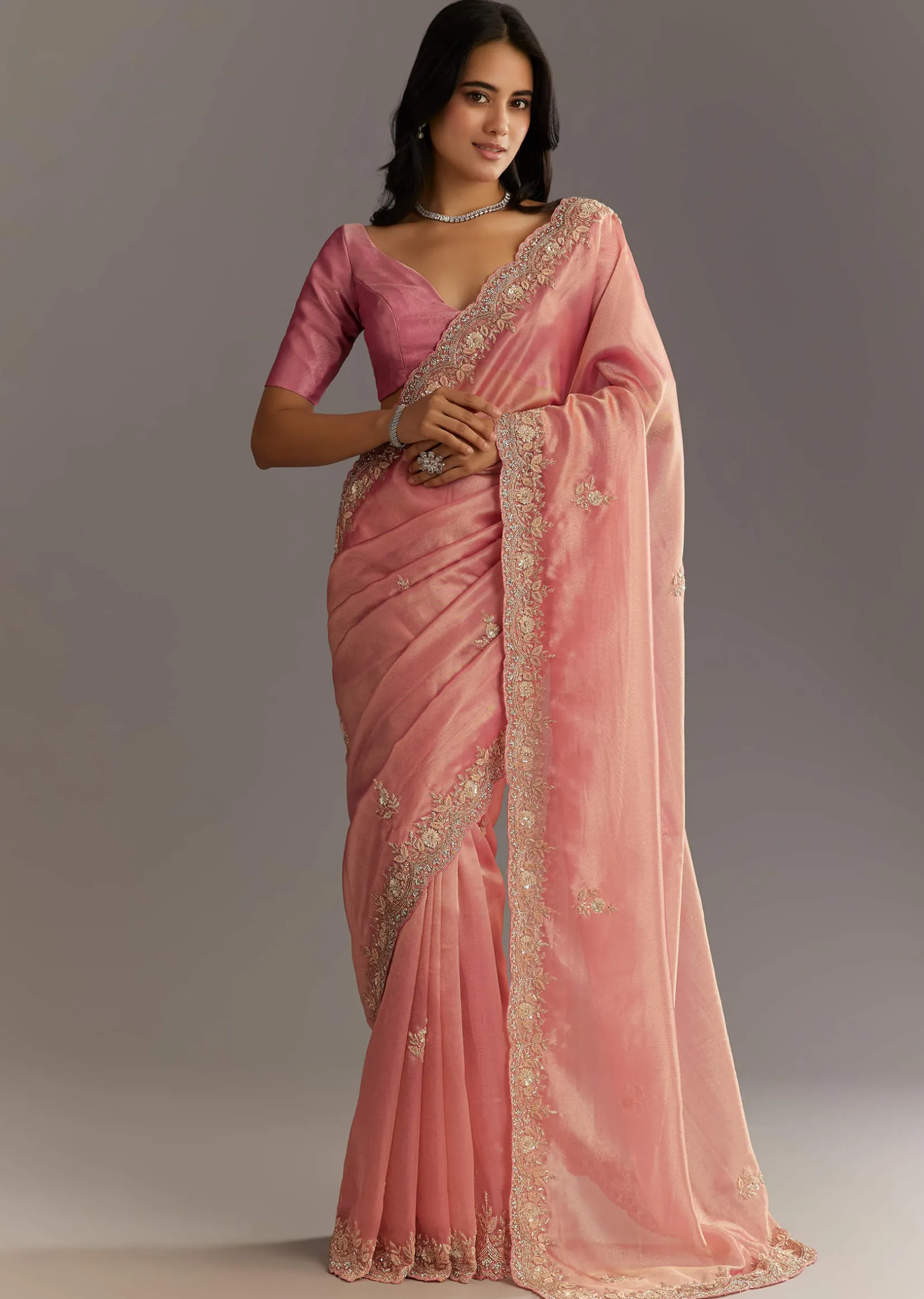 Pink Glass Tissue Sareee With Embroidered Scallop Border