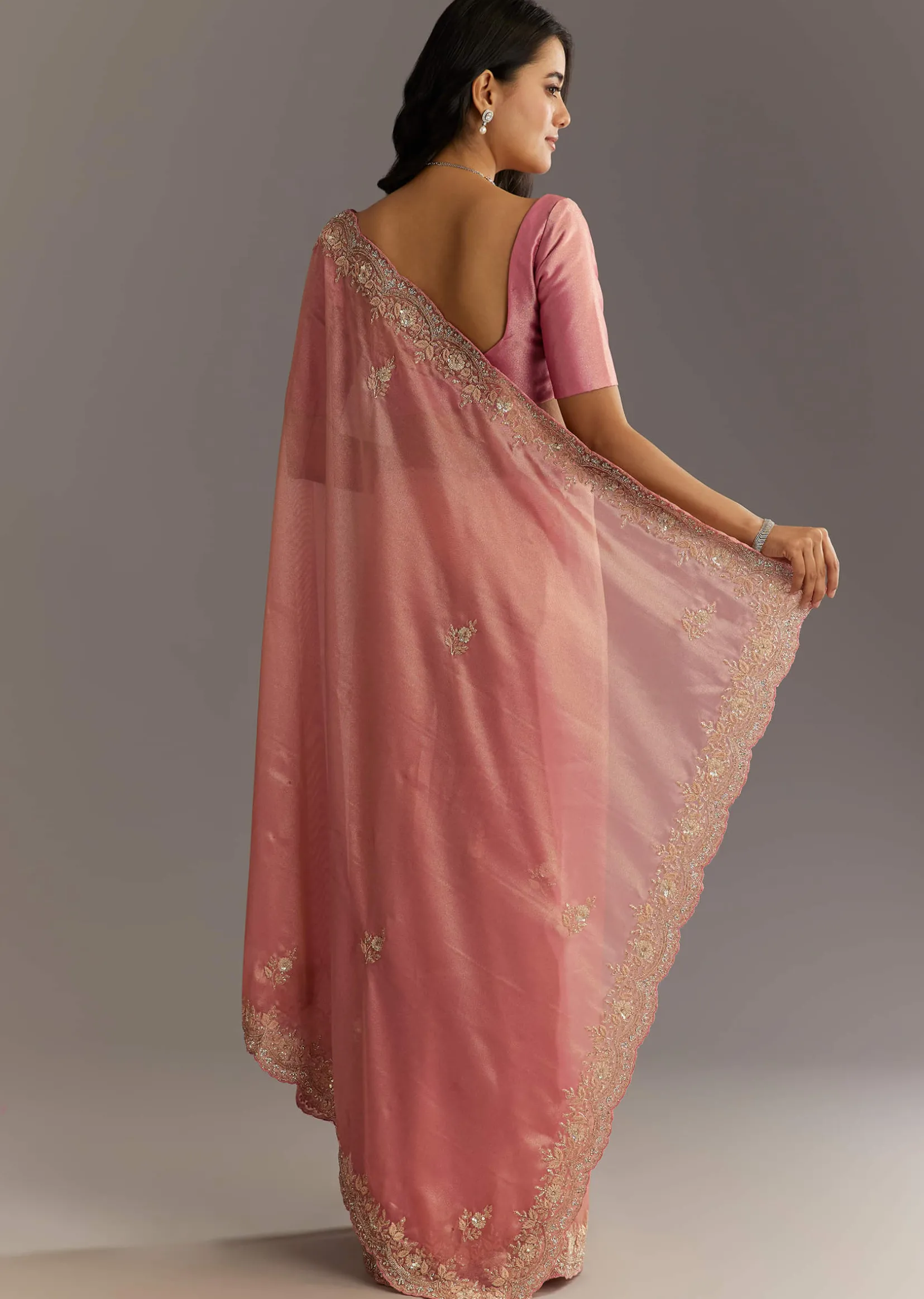 Pink Glass Tissue Sareee With Embroidered Scallop Border