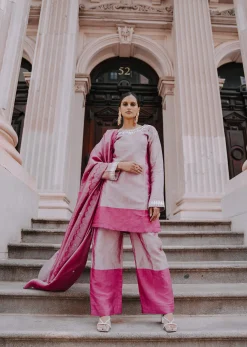 Pink Hand Embroidered Kurta Palazzo Set