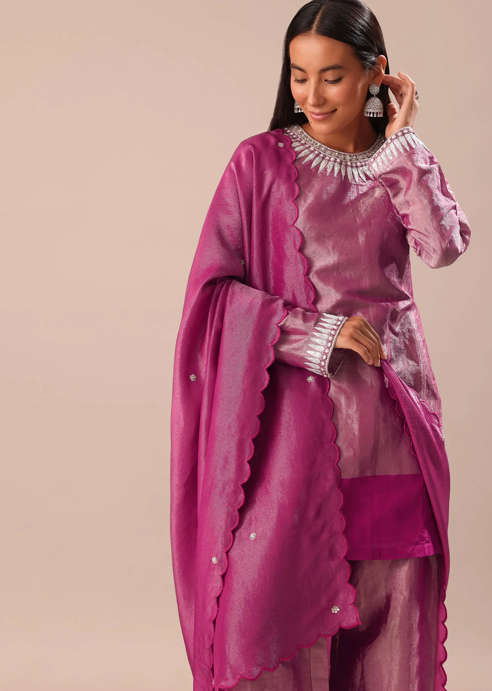 Pink Hand Embroidered Kurta Palazzo Set