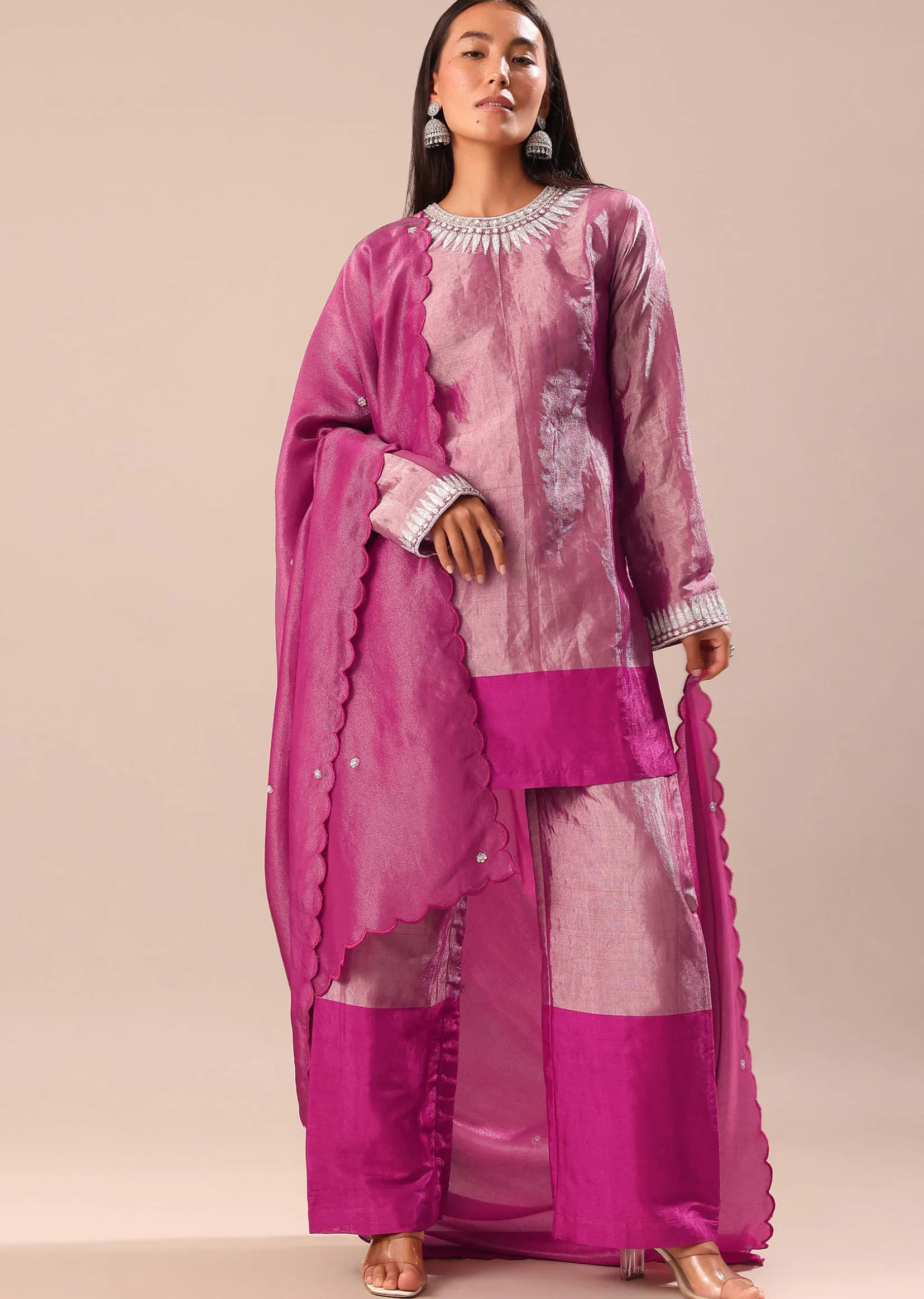 Pink Hand Embroidered Kurta Palazzo Set