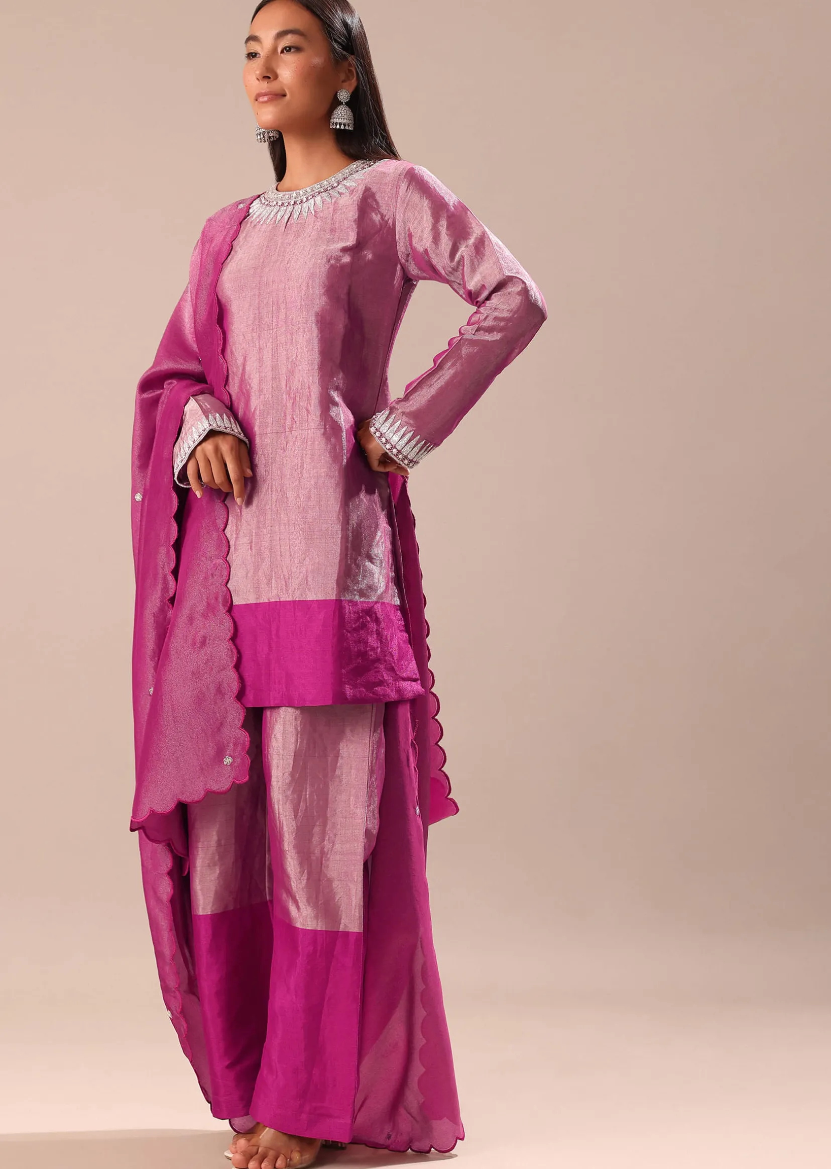 Pink Hand Embroidered Kurta Palazzo Set