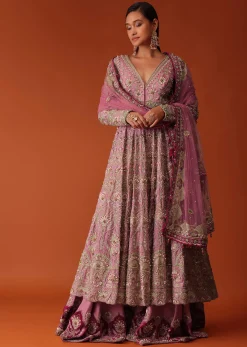 Pink Hand Embroidered Sharara Suit Set With Aari Work