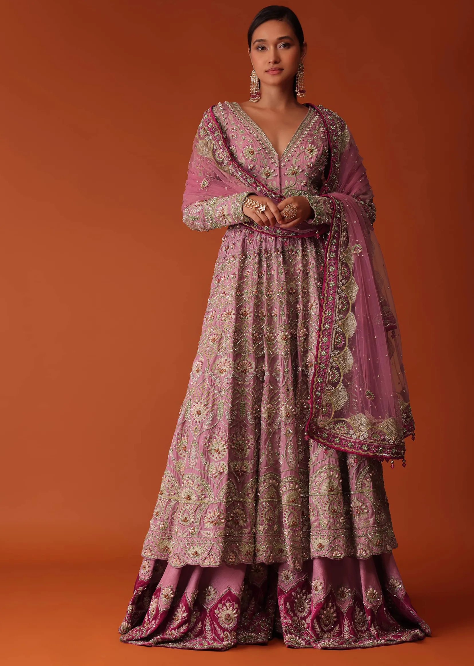 Pink Hand Embroidered Sharara Suit Set With Aari Work