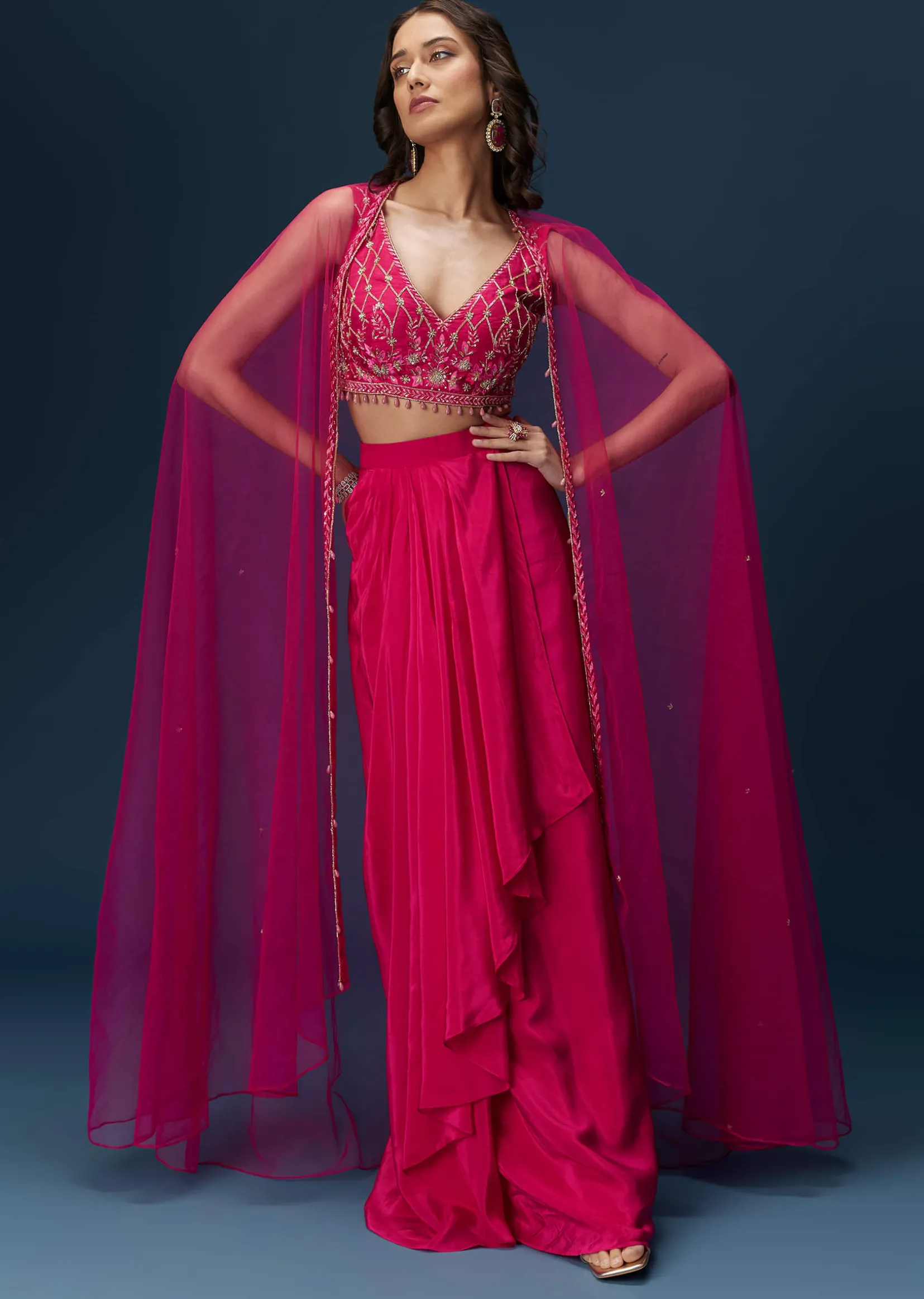Pink Indo Western Skirt Set With Embroidered Blouse And Dupatta