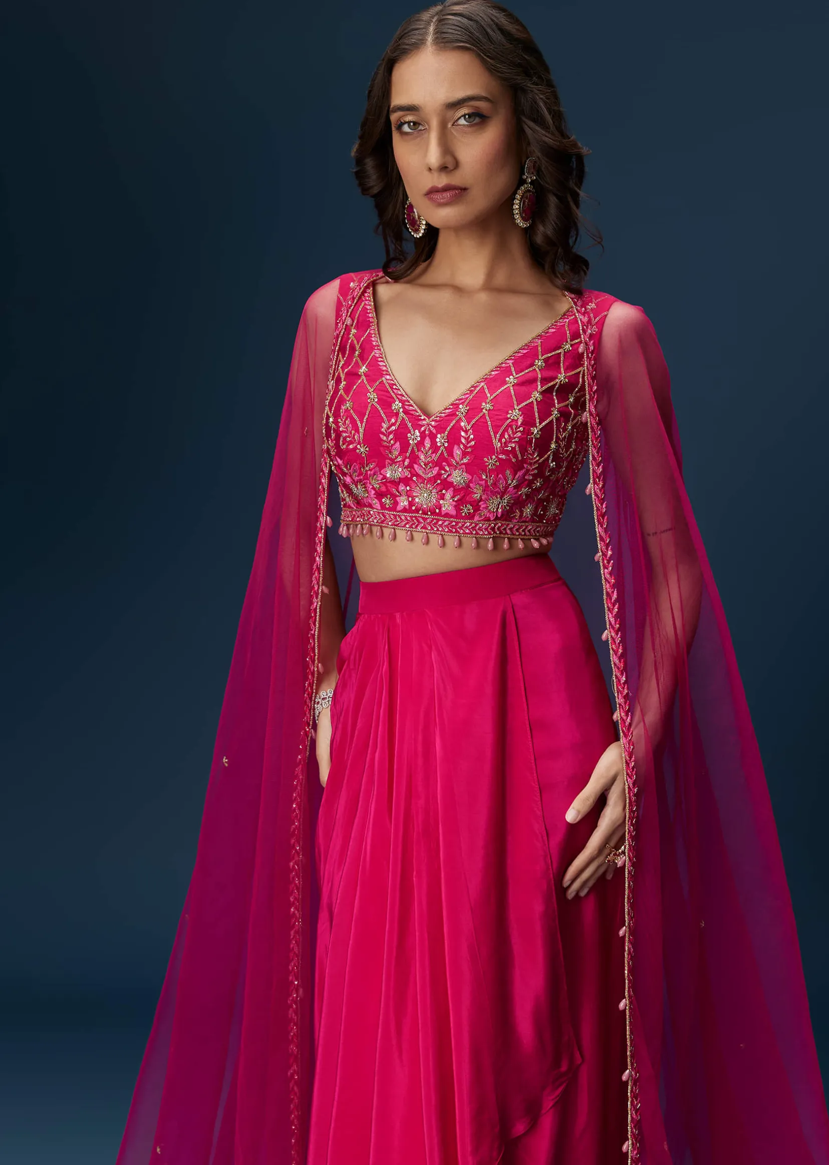 Pink Indo Western Skirt Set With Embroidered Blouse And Dupatta