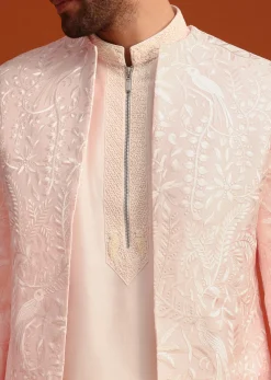 Pink Indo-Western Jacket And Kurta Set In Silk With French Knots