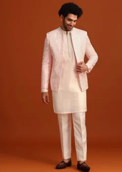 Pink Indo-Western Jacket And Kurta Set In Silk With French Knots