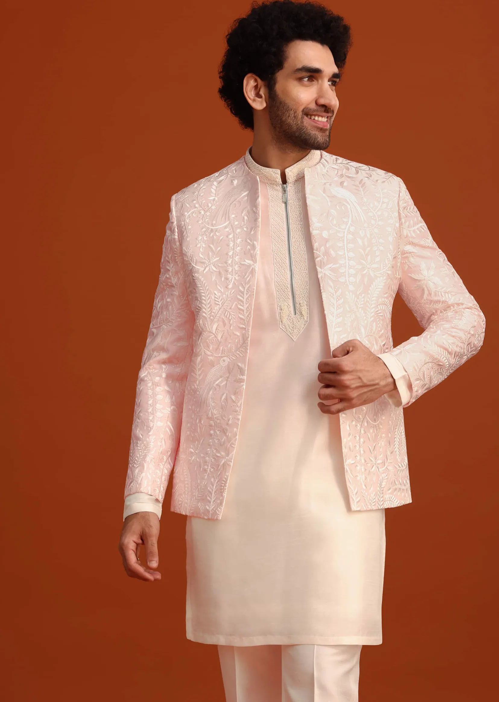 Pink Indo-Western Jacket And Kurta Set In Silk With French Knots