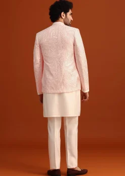 Pink Indo-Western Jacket And Kurta Set In Silk With French Knots