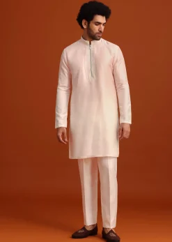 Pink Indo-Western Jacket And Kurta Set In Silk With French Knots