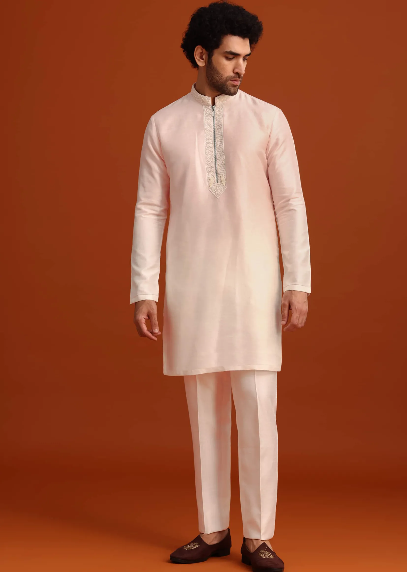 Pink Indo-Western Jacket And Kurta Set In Silk With French Knots