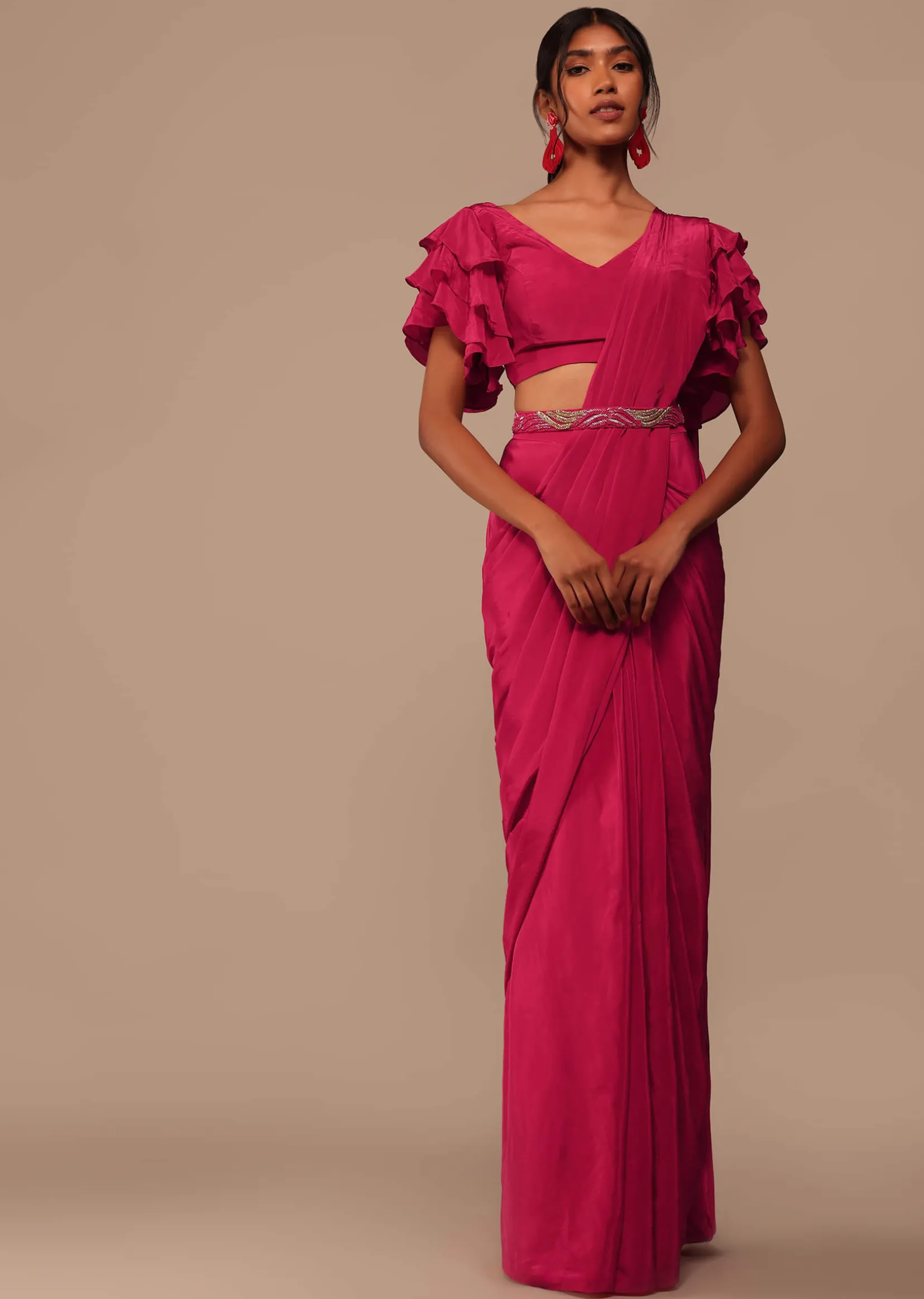 Pink Indo-western Saree And Layered Sleeves Blouse Set In Crepe