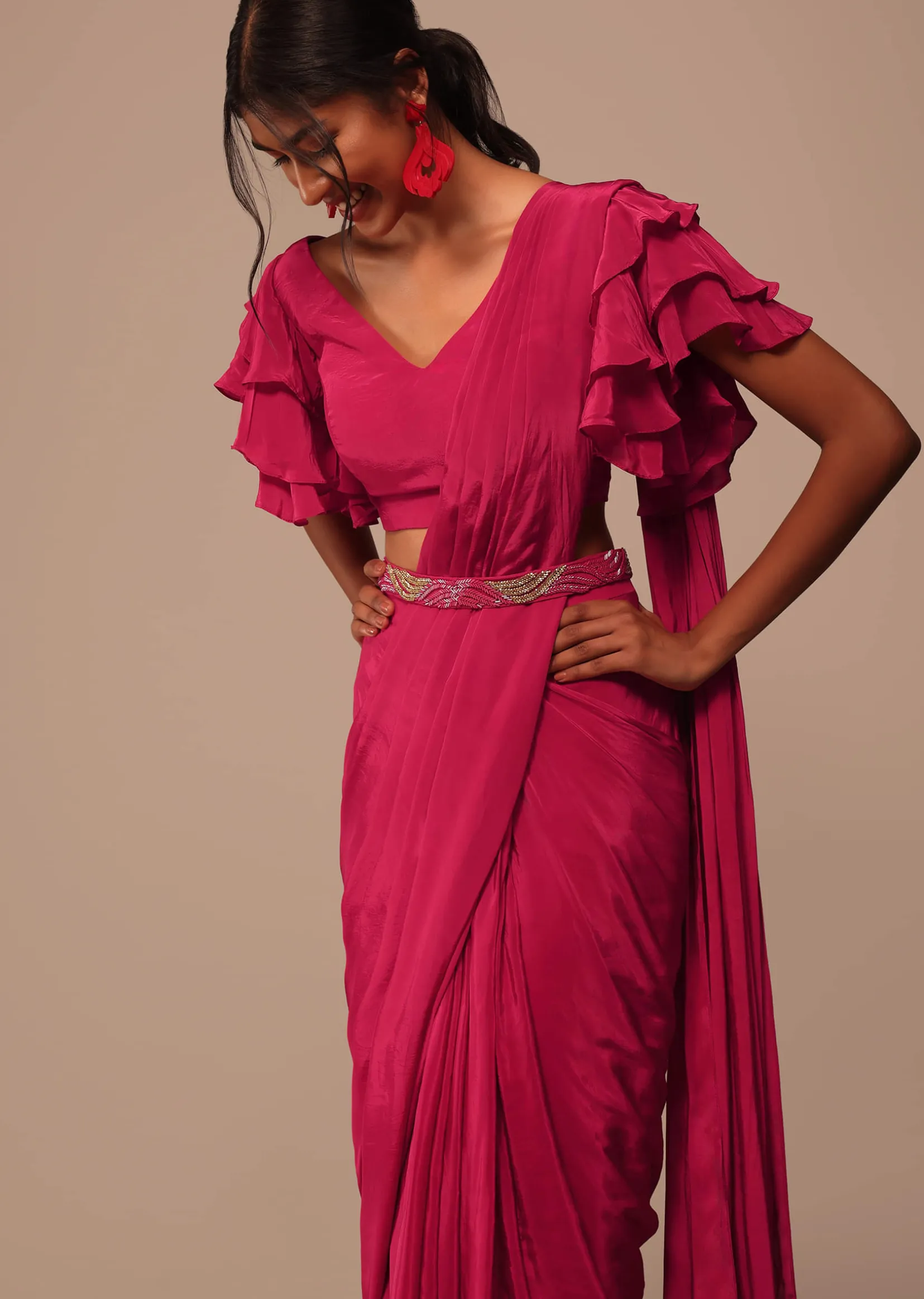 Pink Indo-western Saree And Layered Sleeves Blouse Set In Crepe