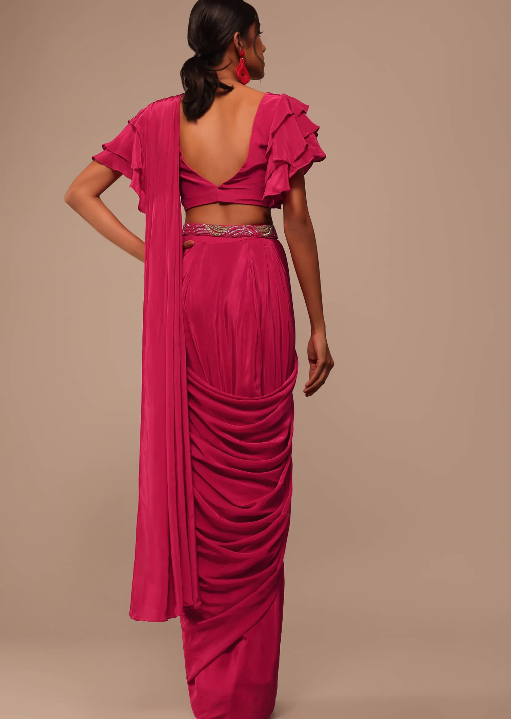Pink Indo-western Saree And Layered Sleeves Blouse Set In Crepe