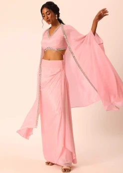 Pink Jacket And Dhoti Set With Mirror Work