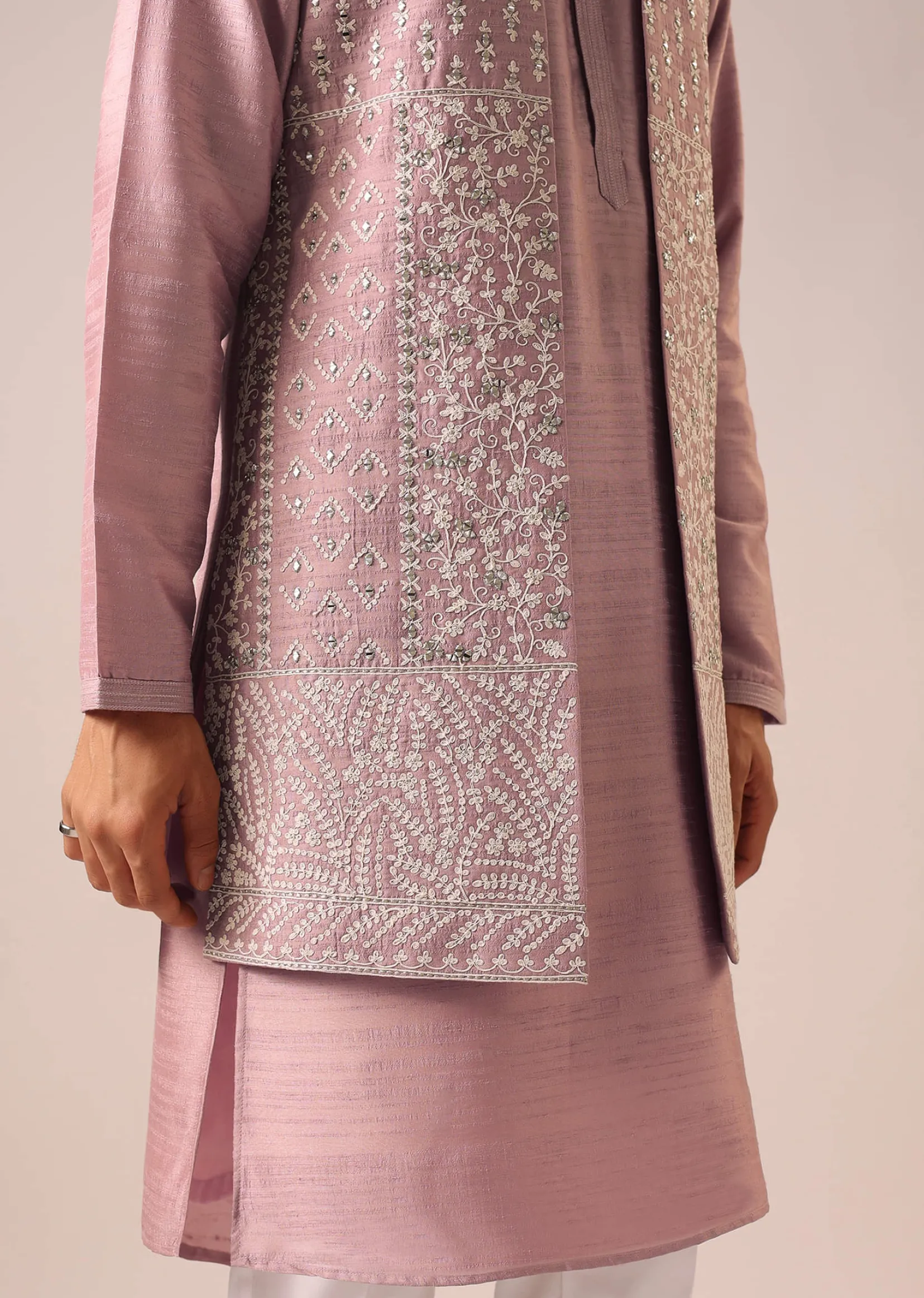 Pink Jacket And Kurta Set with Cutwork Detail