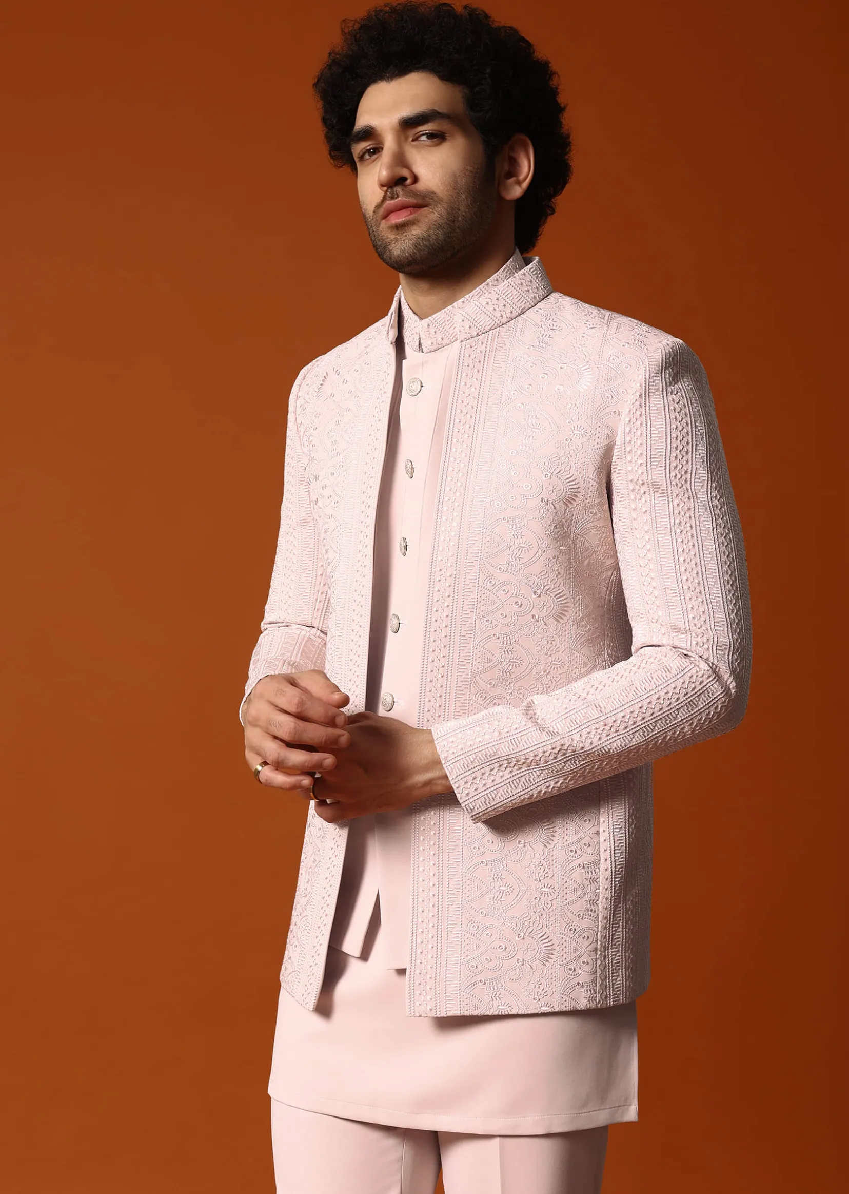 Pink Jodhpuri Set In Resham Work For Men