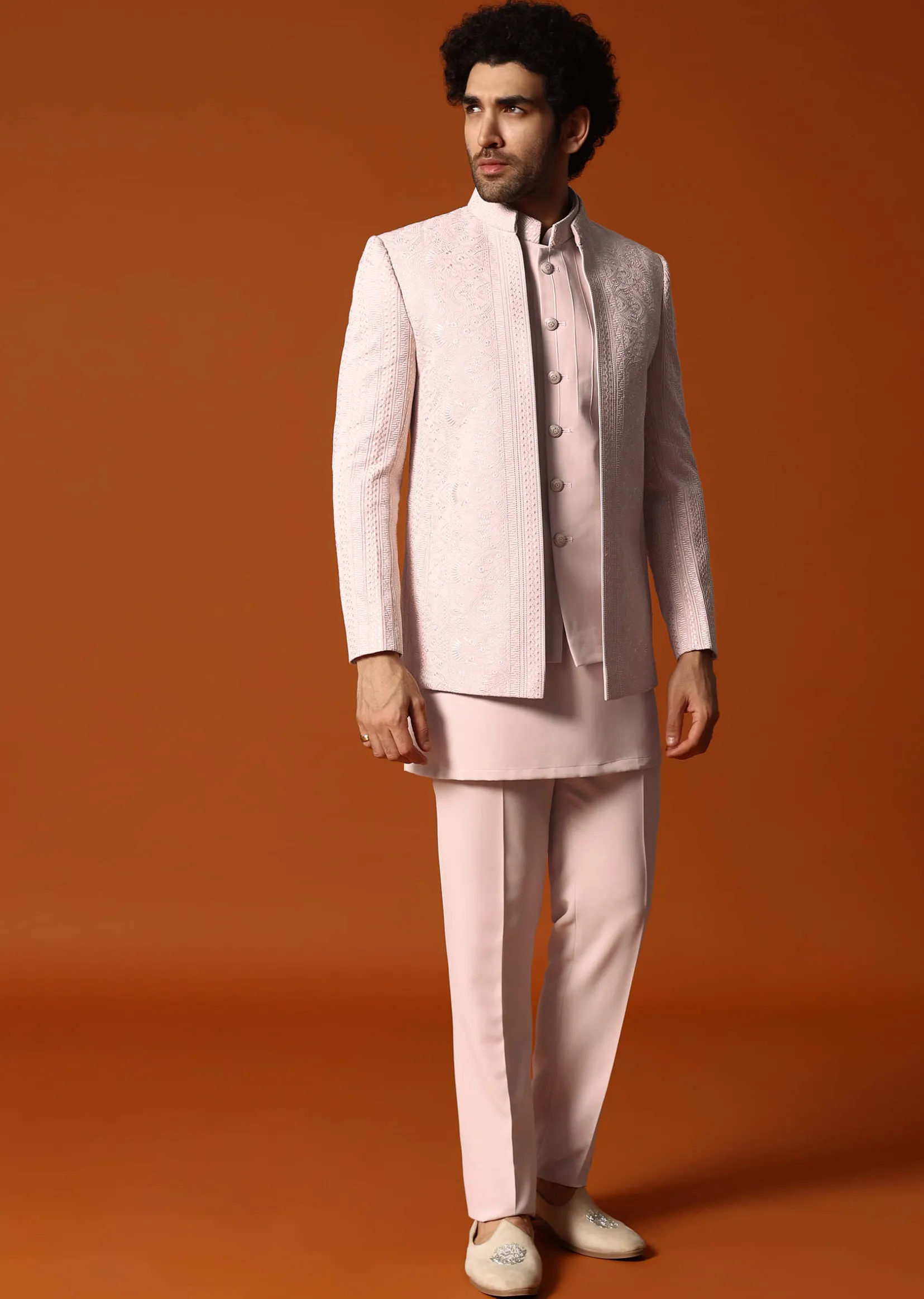Pink Jodhpuri Set In Resham Work For Men