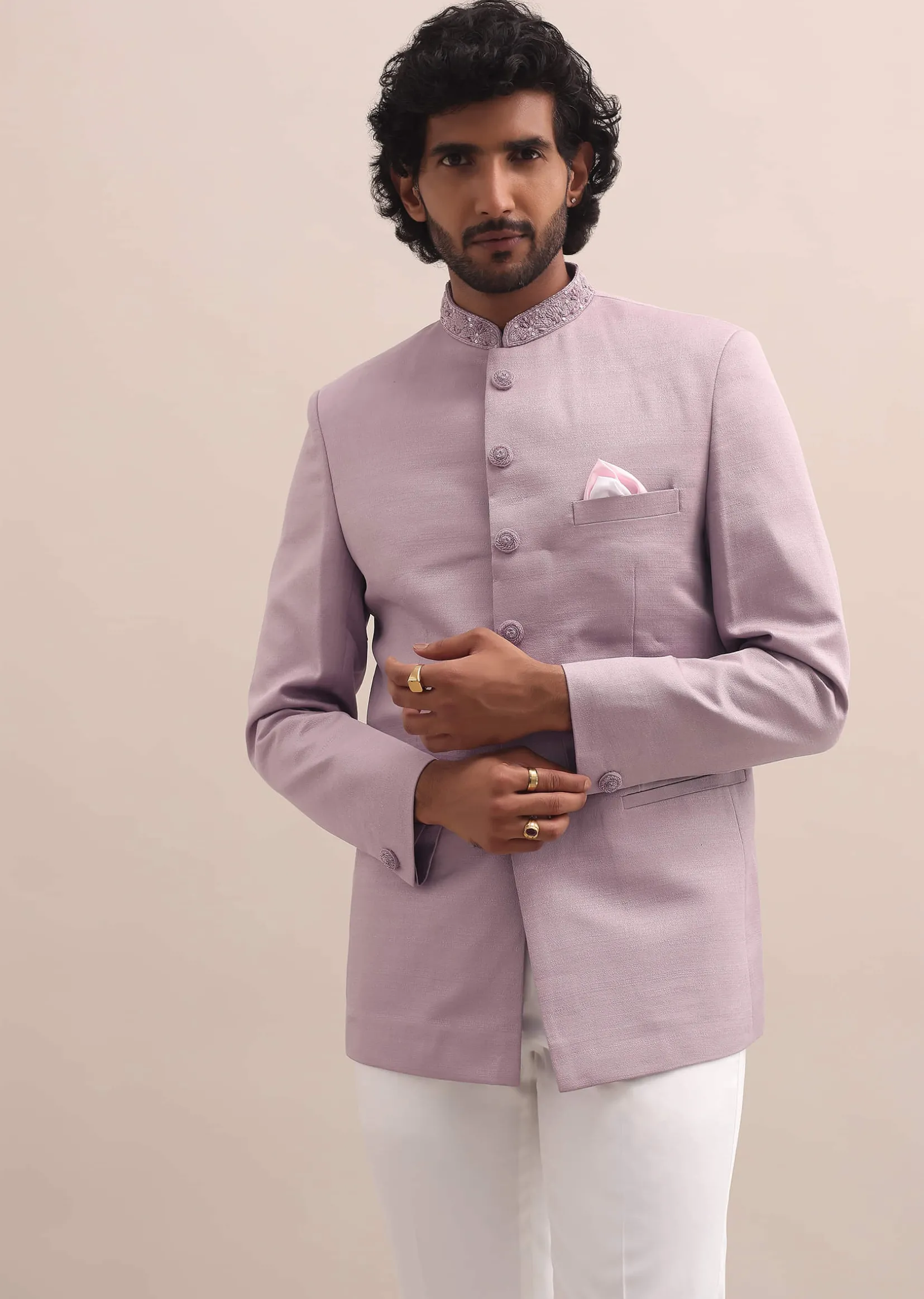 Pink Jodhpuri Suit With Embroidered Collar For Men