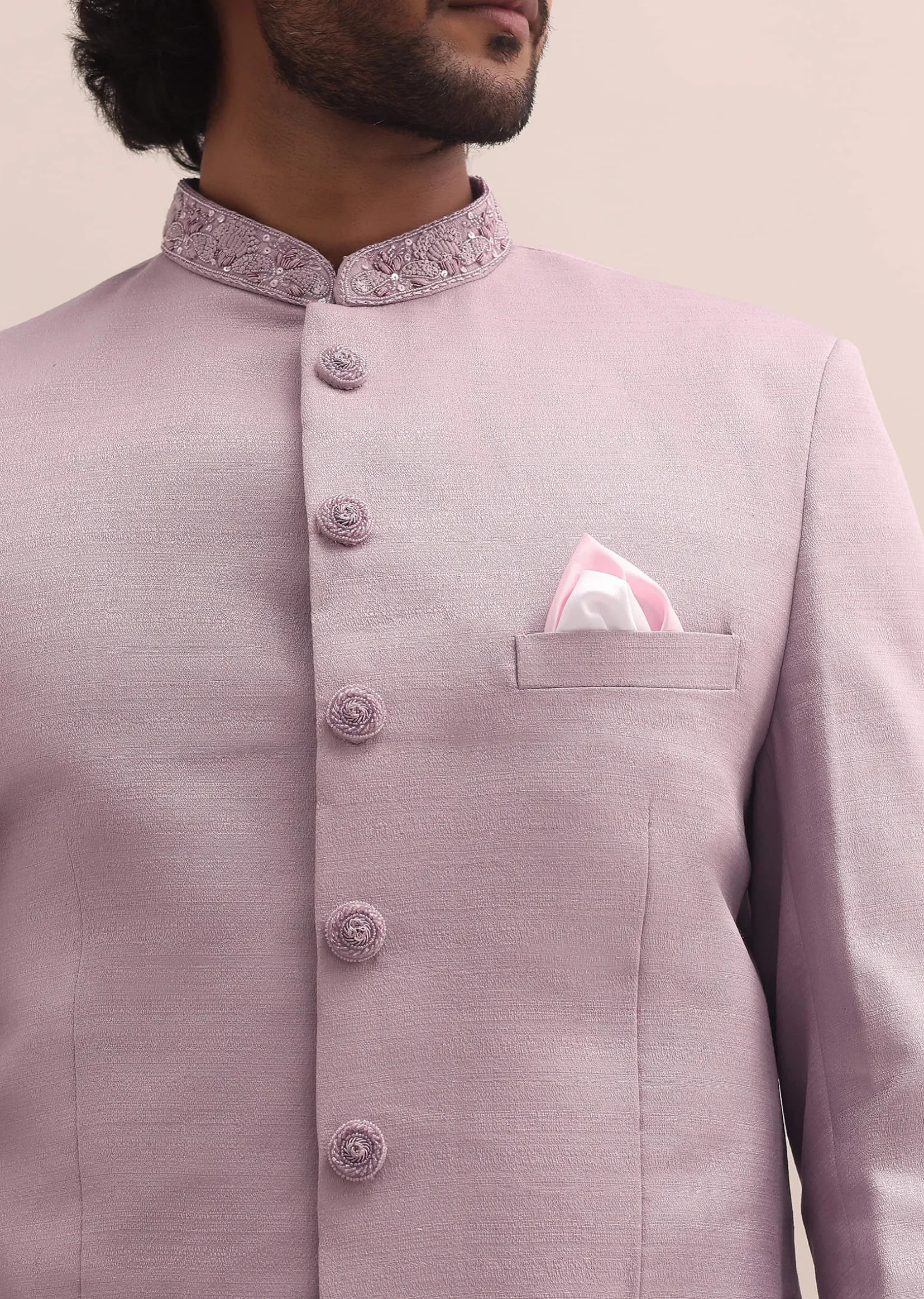 Pink Jodhpuri Suit With Embroidered Collar For Men