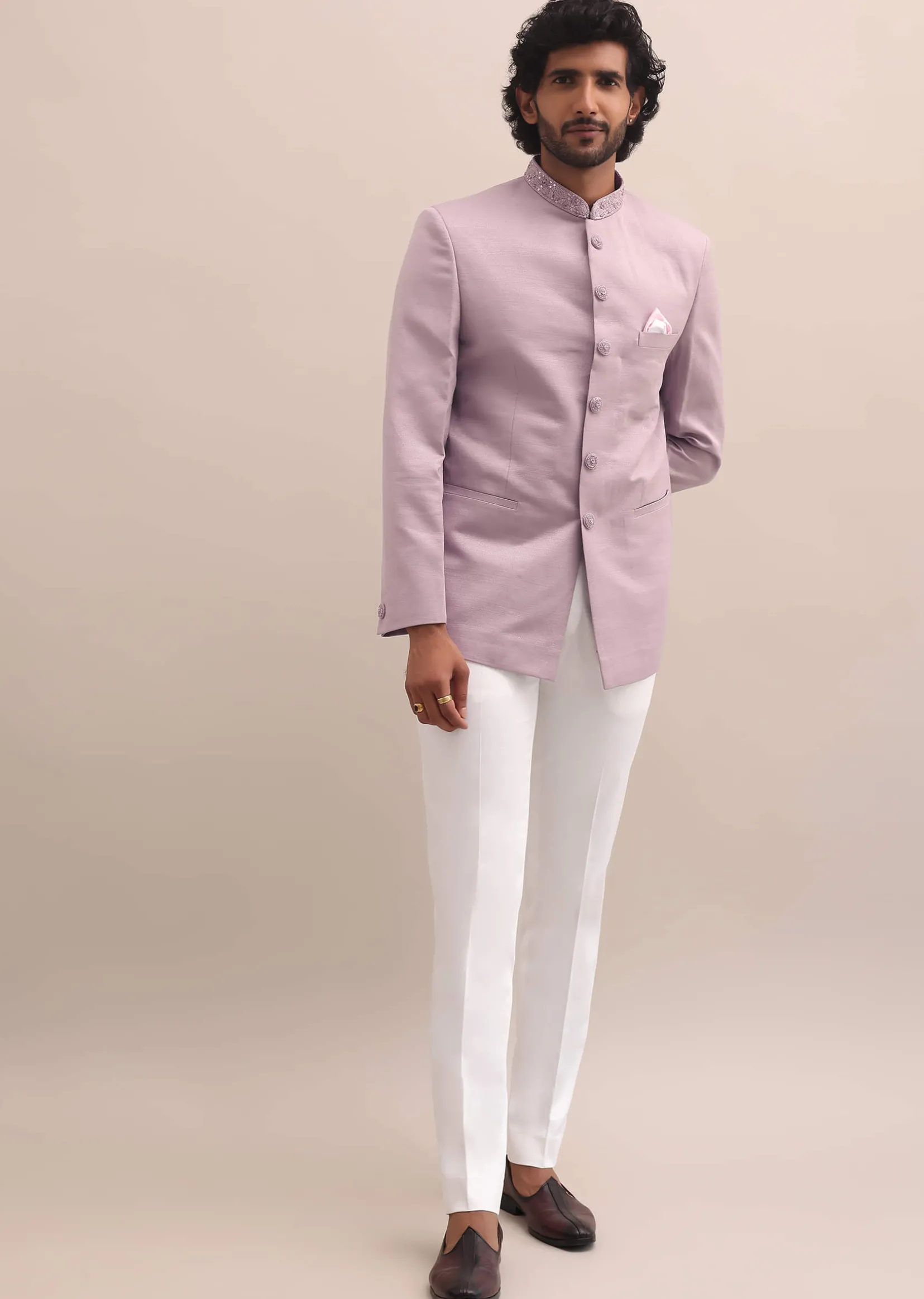 Pink Jodhpuri Suit With Embroidered Collar For Men