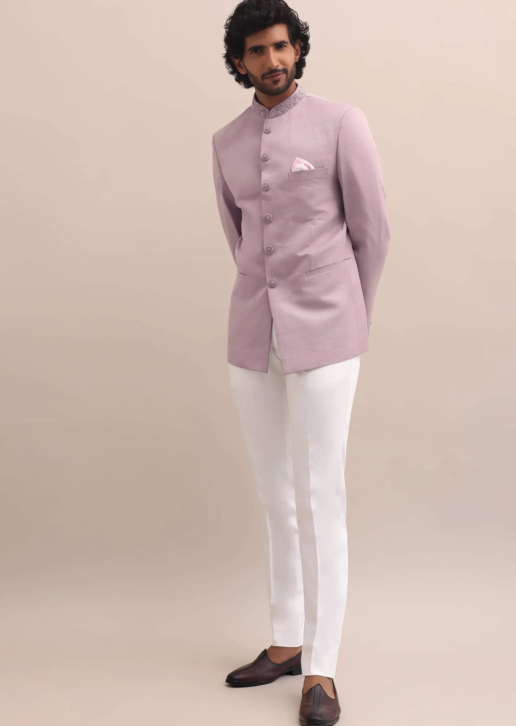 Pink Jodhpuri Suit With Embroidered Collar For Men