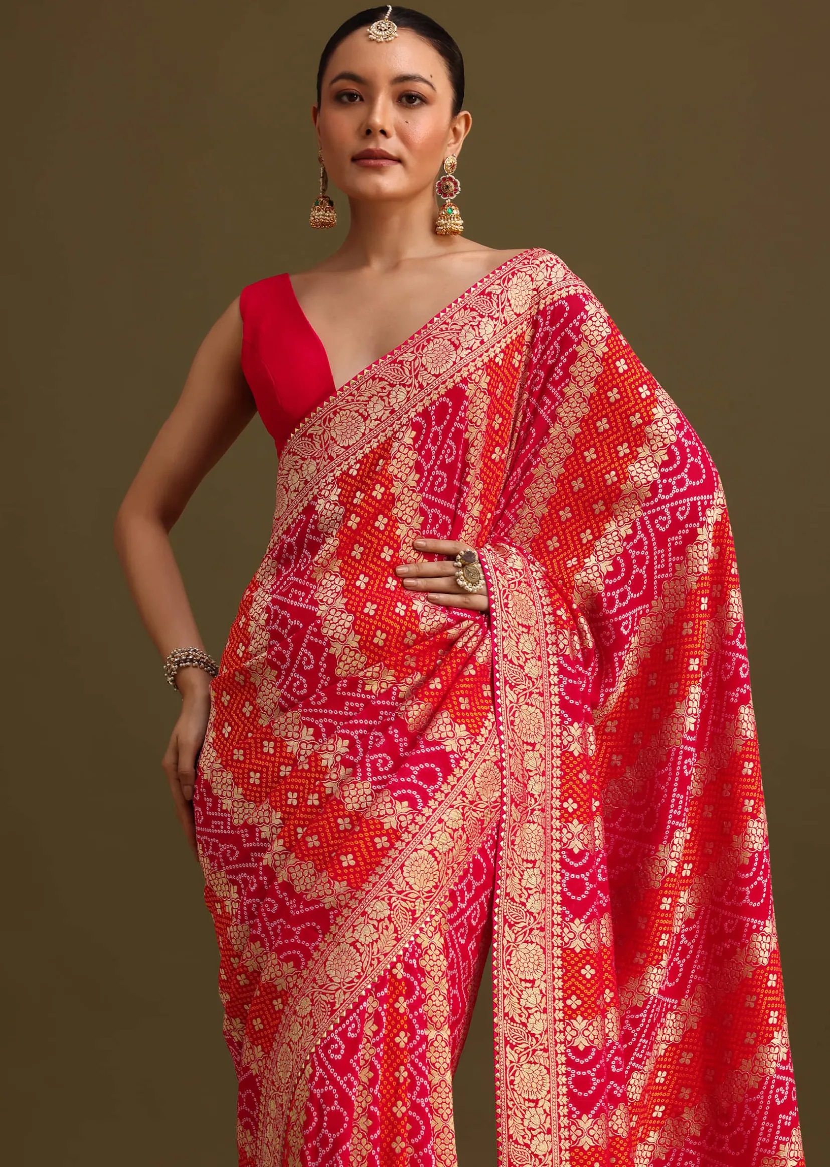 Pink Khaddi Georgette Saree With Gotta Patti Border And Unstitched Blouse