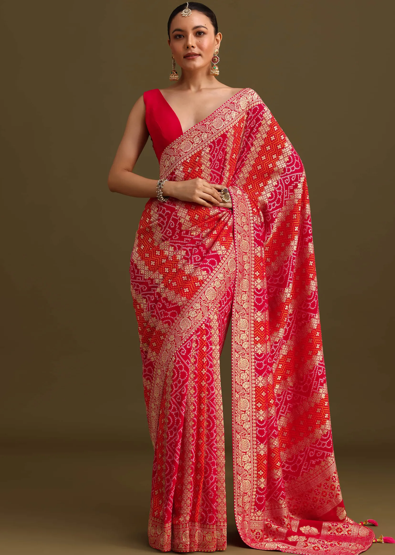 Pink Khaddi Georgette Saree With Gotta Patti Border And Unstitched Blouse