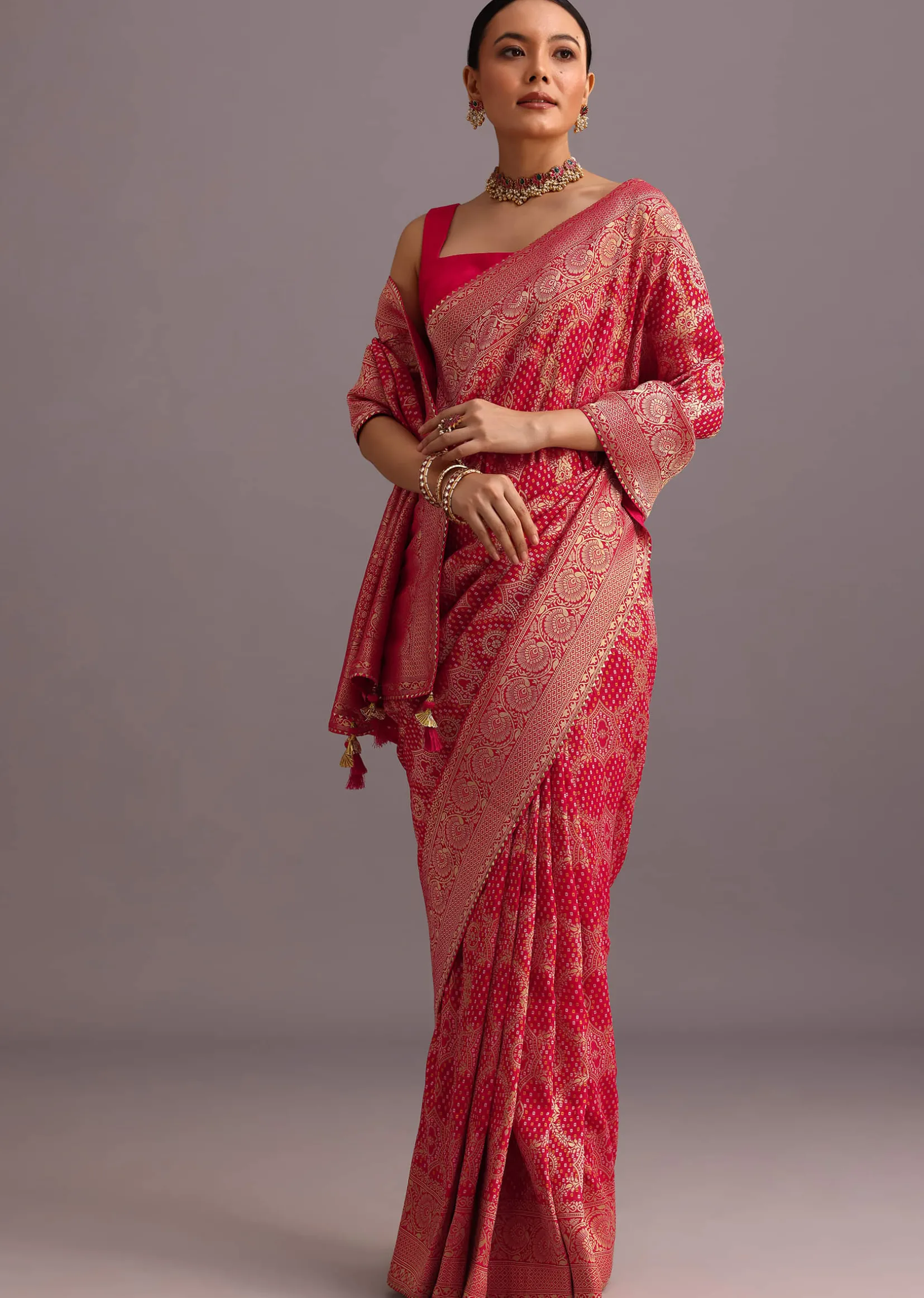 Pink Khaddi Georgette Woven Saree With Gotta Patti Border