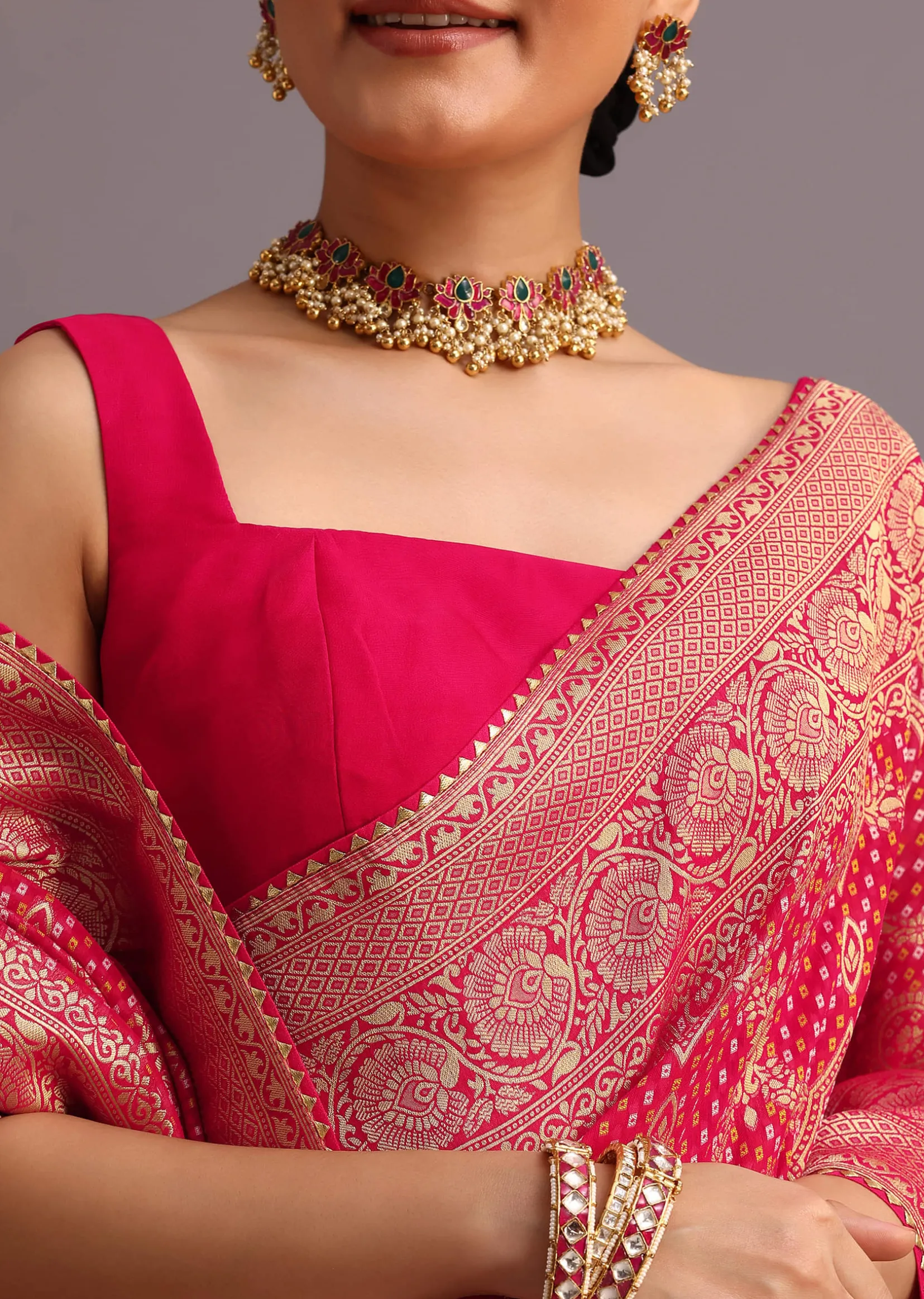 Pink Khaddi Georgette Woven Saree With Gotta Patti Border