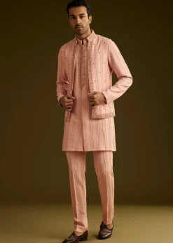 Pink Knit Kurta Jacket Set With Moti Work