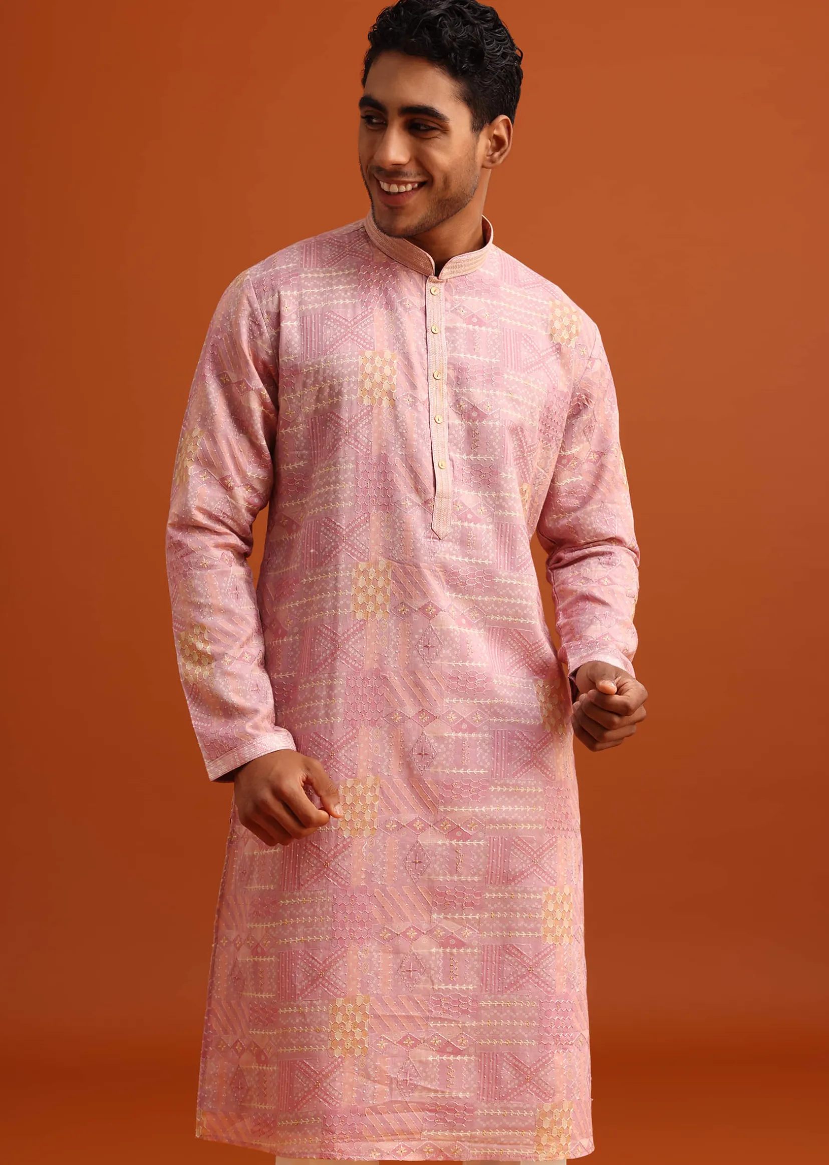 Pink Kurta And Pant Set In Silk With Printed Work