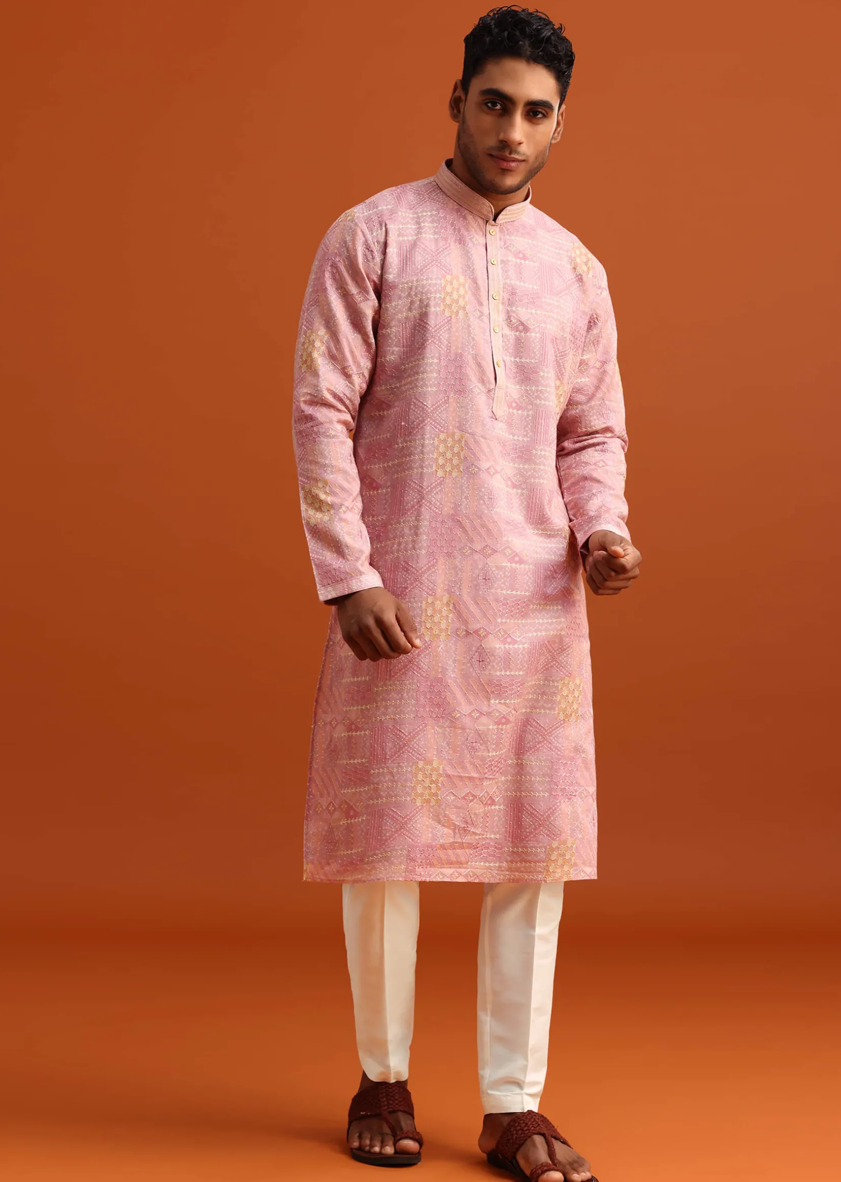 Pink Kurta And Pant Set In Silk With Printed Work
