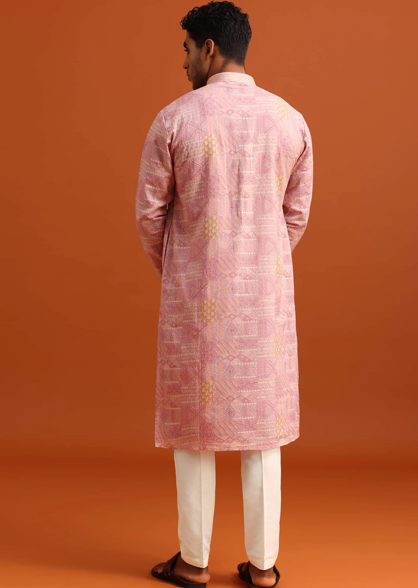 Pink Kurta And Pant Set In Silk With Printed Work